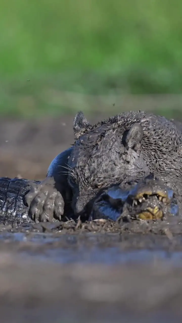ببینید؛ نبرد خونین جگوار و کایمن در گل‌ولای