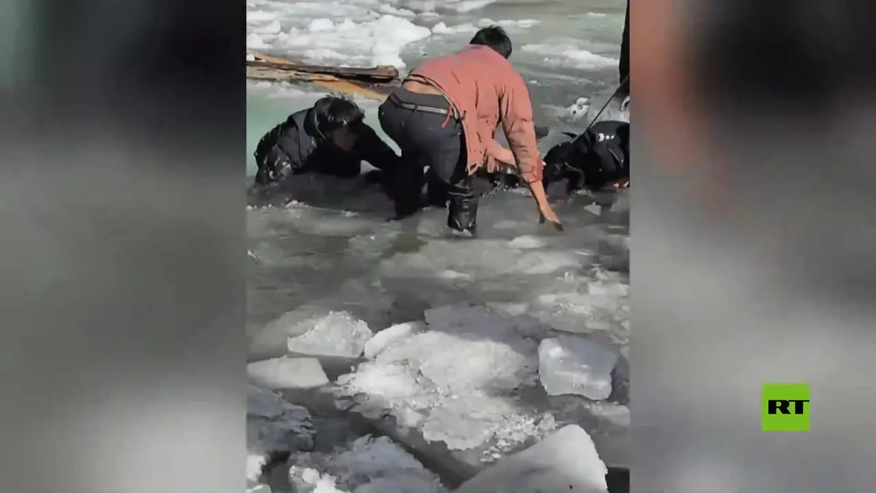 نجات سه گوزن از رودخانه یخ‌زده